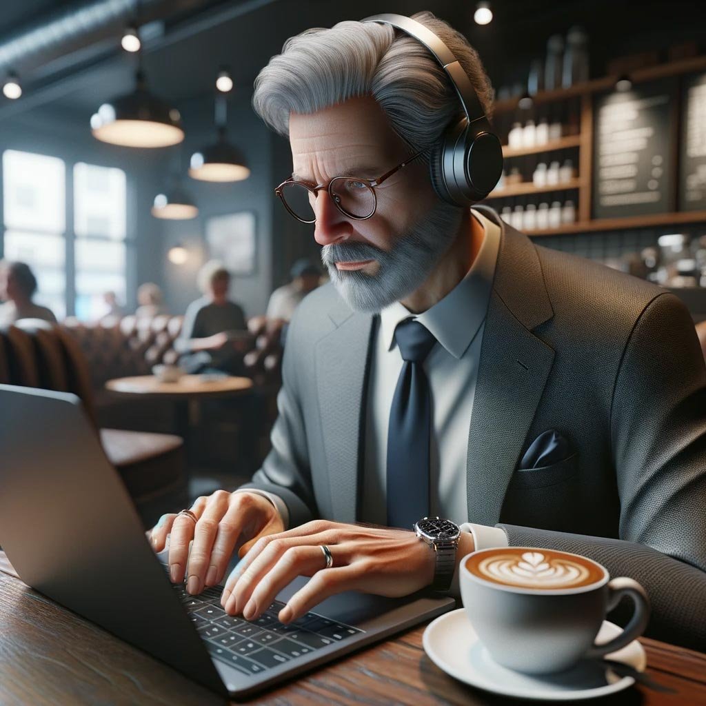 Hyper-realistic-image-of-a-middle-aged-Caucasian-man-wearing-glasses,-immersed-in-his-work-at-a-coffee-shop