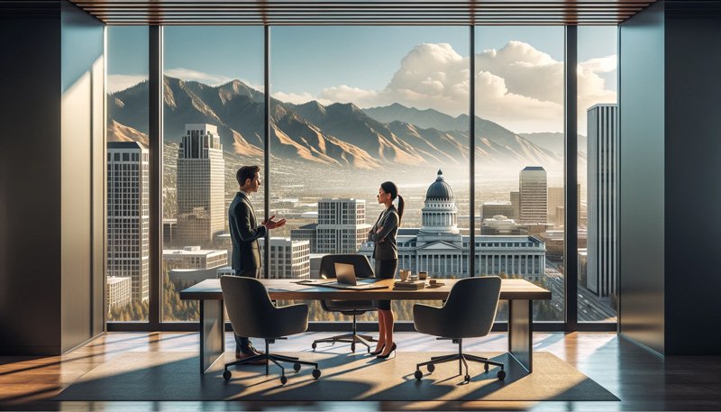 a-hyper-realistic,-wide-image-of-two-people-having-a-discussion-in-a-high-rise-office-building-with-a-view-overlooking-Salt-Lake-City,-Utah