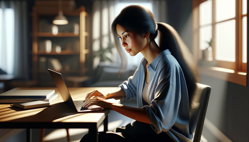 hyper-realistic-wide-image-of-a-woman-of-South-Asian-descent,-sitting-on-a-chair-with-her-laptop-open-on-a-desk-in-front-of-her