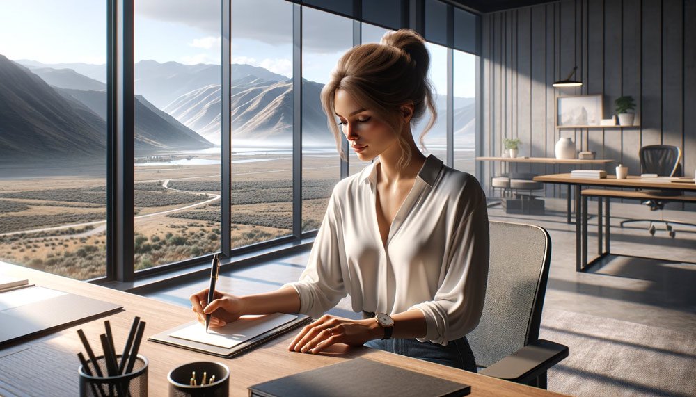 A-hyper-realistic,-wide-format-image-of-a-woman-in-a-casual-business-setting,-sitting-in-an-office-and-holding-a-single-pen,-with-a-view-of-Utah-Valley