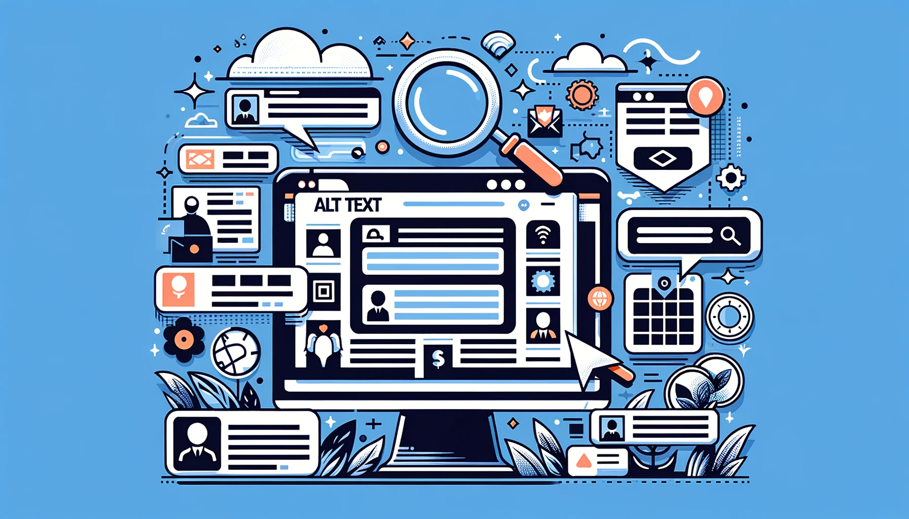 Illustration of various web and SEO related elements, including a magnifying glass over a computer screen, website profiles, mobile devices, and social media icons, set against a blue background to represent digital optimization and search engine strategies.