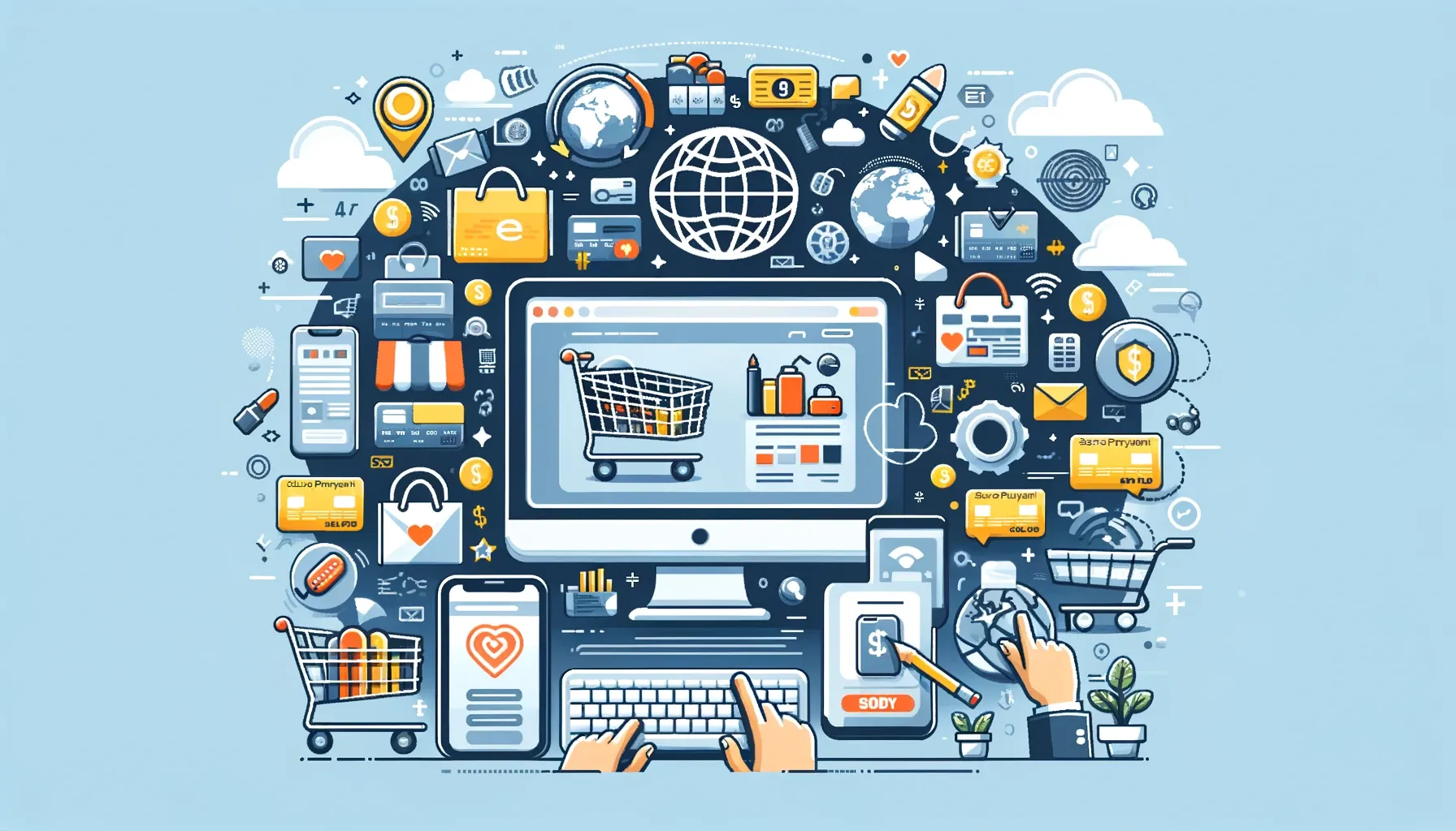 Digital-illustration-of-e-commerce-and-online-shopping-elements-including-devices,-shopping-carts,-and-financial-icons.