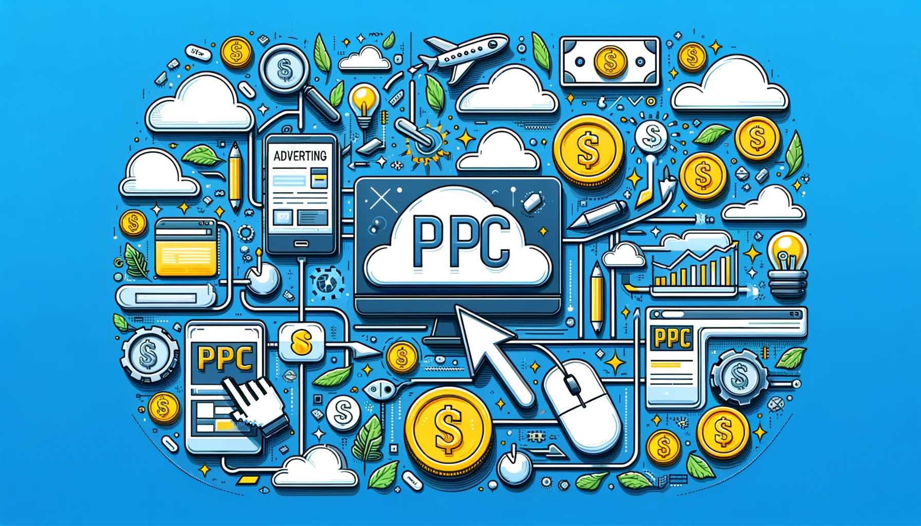 PPC-Advertising-Illustration-Clicks-Revenue-Conversion-Graphs-Coins-Cloud-Computing-Lightbulbs-Online-Marketing-Tools-Blue-Background