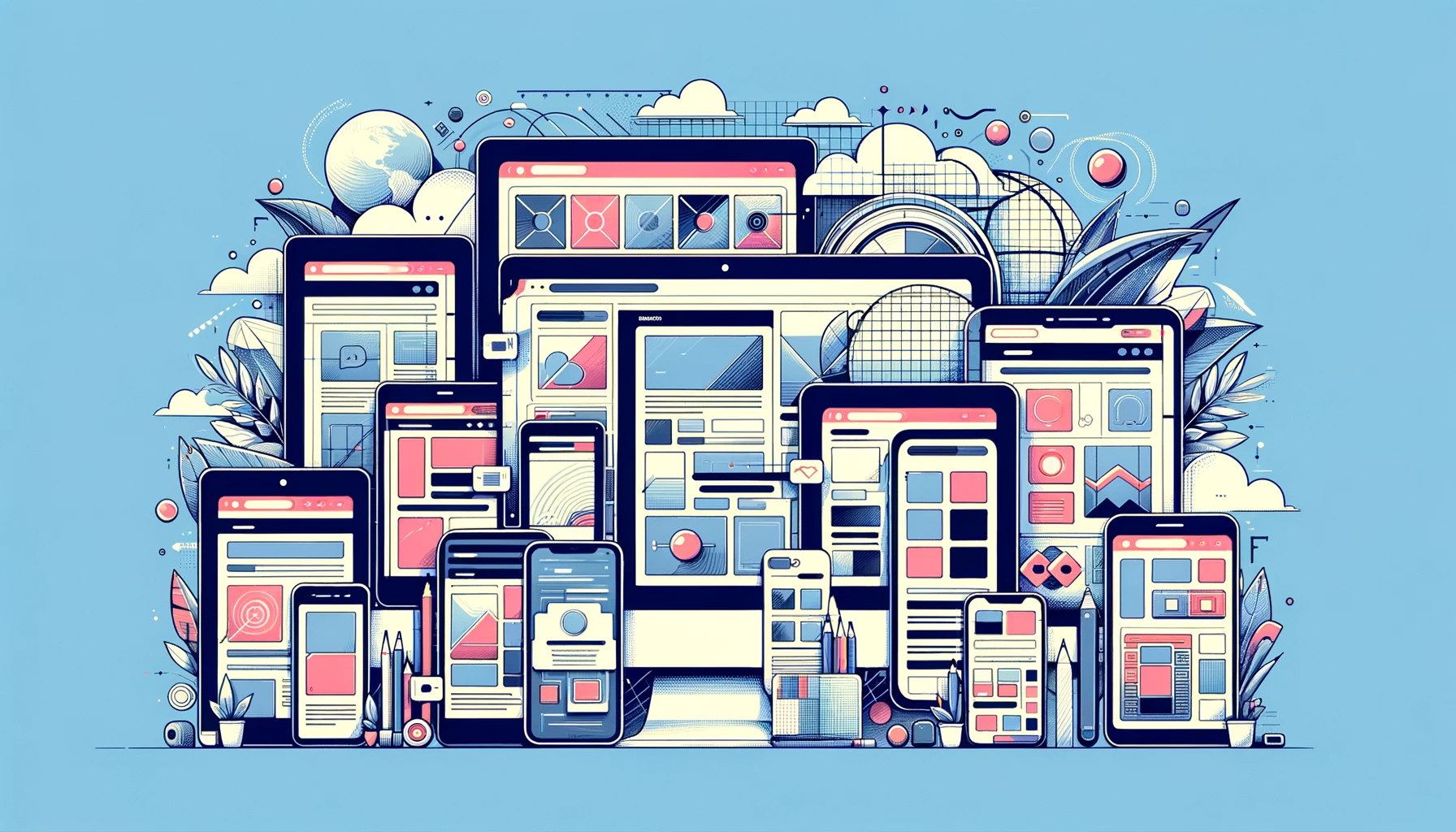 Collection-of-Devices-Showcasing-Responsive-Web-Design-Adaptable-Screens-User-Interface-Elements-Blue-Toned-Illustration-Design-Versatility