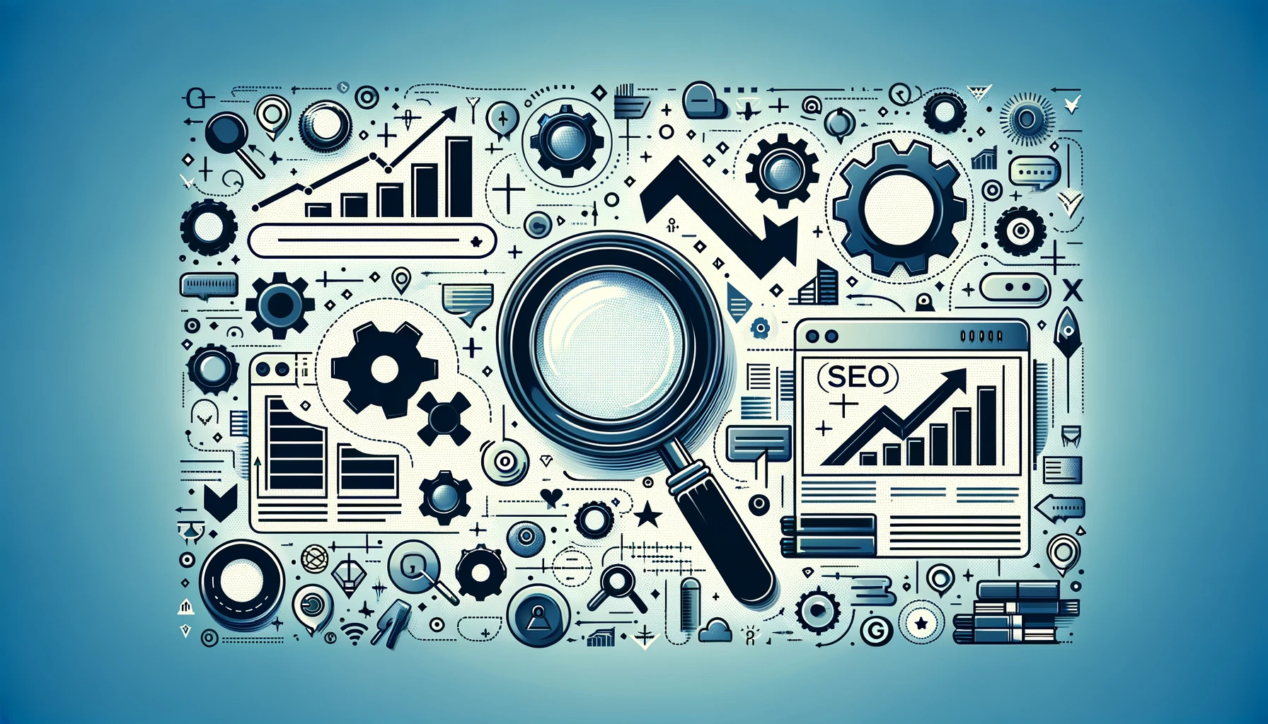 Graphic-Display-SEO-Tools-Magnifying-Glass-Graphs-Gears-Website-Elements-Coding-Symbols-Data-Analysis-Blue-Toned-Illustration