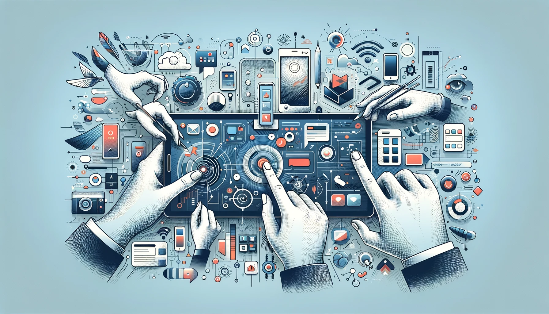 Artistic-Depiction-of-UI-Design-Featuring-Hands-Interacting-With-Digital-Elements-Screens-Buttons-Icons-User-Engagement-Visuals
