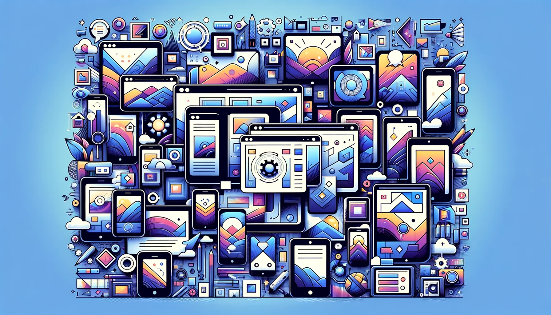 Illustrative-Collage-Various-Devices-Showcasing-Responsive-Viewport-Design-Abstract-Imagery-Interconnected-Technology-Elements-Vibrant-Colors