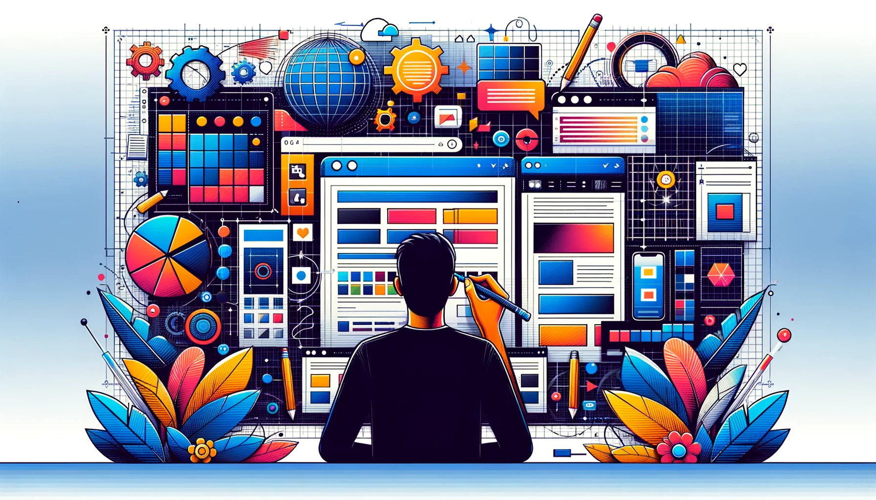 Illustration-of-a-Person-Engaged-in-Web-Design-Process-Surrounded-by-Design-Elements-Color-Palettes-Graphs-Icons-Floral-Accents-Against-Blue-Background