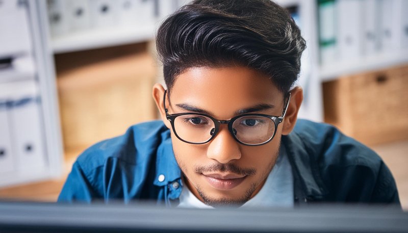 Close-up-of-focused-young-man-wearing-glasses-working-on-computer-in-office-with-shelves-in-background