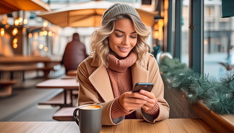 Smiling-woman-wearing-beige-coat-and-gray-beanie-using-smartphone-in-cozy-cafe-with-coffee-on-table-and-winter-decorations