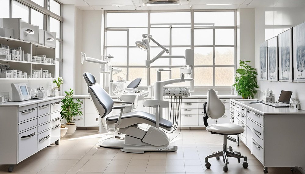 Modern dental clinic interior with dental chairs, equipment, and cabinets, designed for healthcare website and dental website featuring large windows and a clean, organized layout.