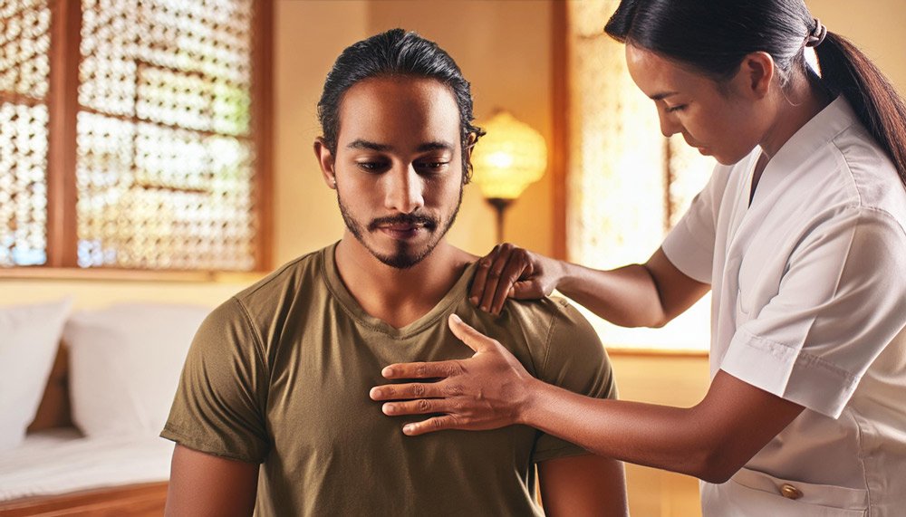 Professional chiropractor performing a shoulder and chest adjustment on a male patient in a serene clinic setting, designed for healthcare website and chiropractor website, highlighting personalized care and well-being.