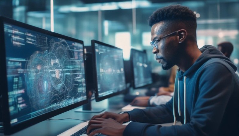 Software-developer-wearing-glasses-and-hoodie-coding-on-dual-monitors-in-modern-office-with-blurred-background