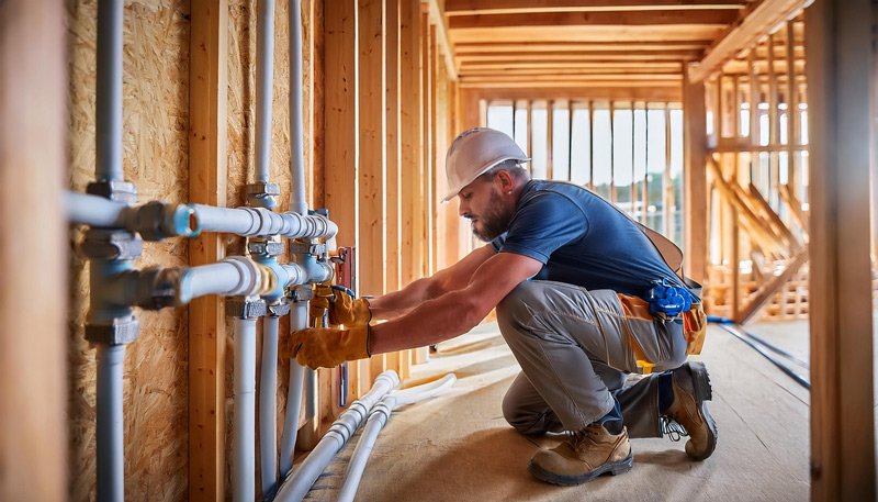 A plumber working on pipe installations in a home under construction, showcasing the need for expert Plumbing Website Design