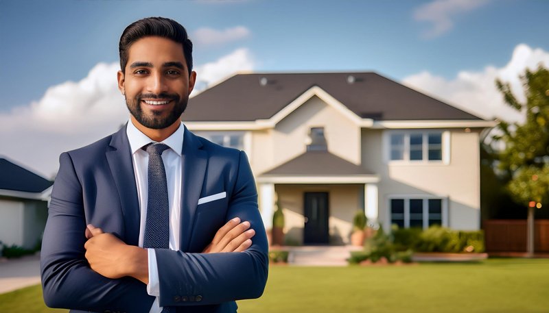 A real estate agent standing confidently in front of a beautiful home, symbolizing the importance of well-designed Real Estate Websites