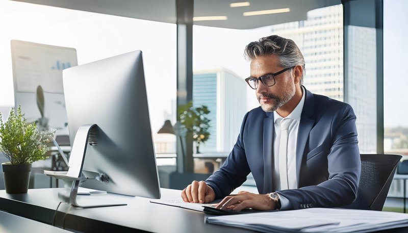 An accountant working diligently at his desk in a modern office, exemplifying the need for specialized Web Design for Accounting Firms