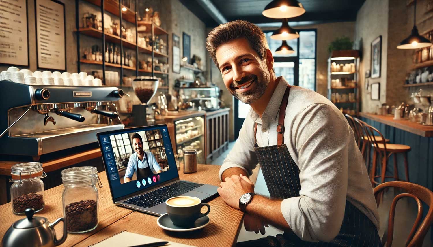 A happy barista sits at the café counter, engaged in a video call on his laptop, with coffee and an espresso machine nearby—an example of how affordable websites help small businesses connect with customers.