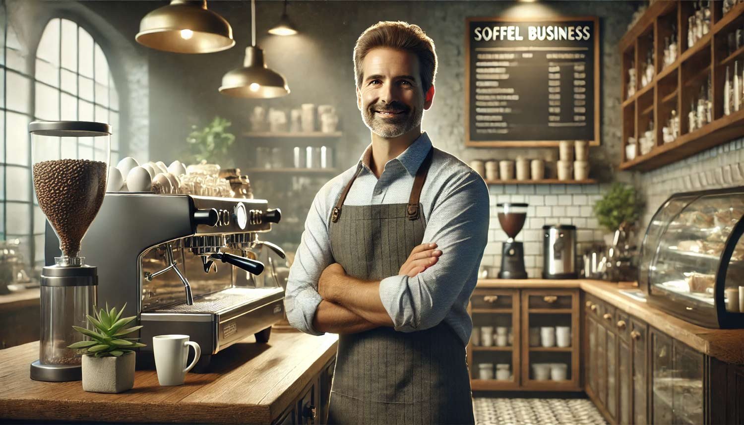 A friendly coffee shop owner smiles behind the counter, standing next to an espresso machine in a warm, inviting café—showcasing the charm of small businesses that benefit from affordable websites.