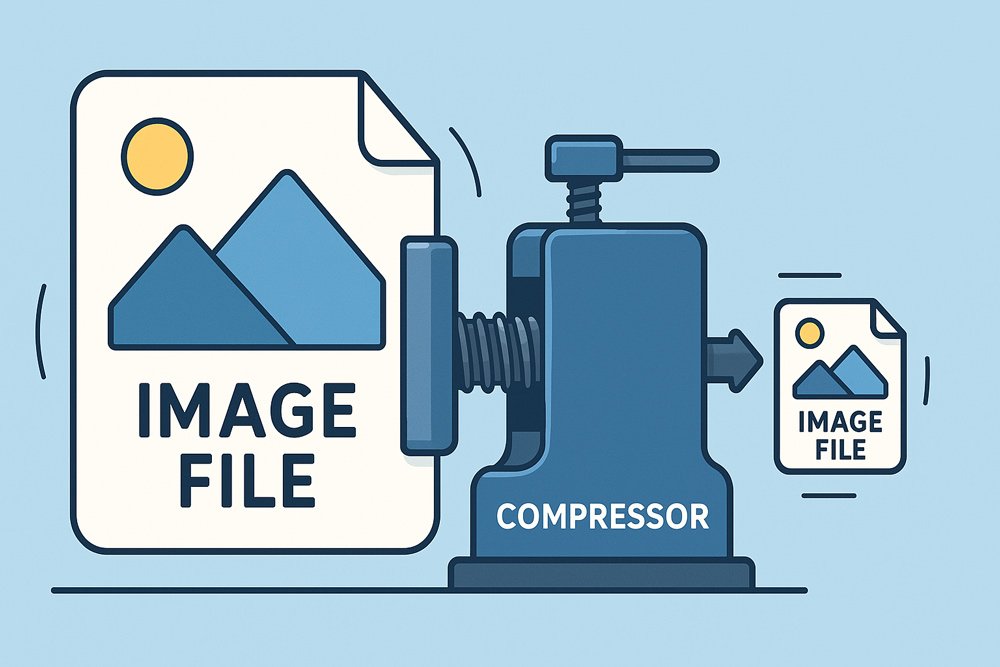 illustration-of-a-large-image-file-being-compressed-into-a-smaller-image-file-using-an-image-compressor-on-a-blue-background